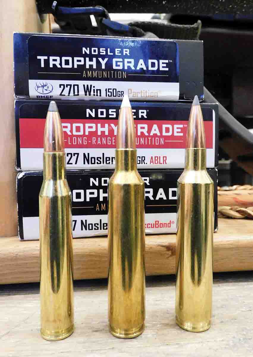 That’s a 270 Winchester on the left and the 27 Nosler in two offerings on the right.